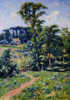 Landscape with trees and a path leading to a cottage (oil on canvas) from Henry Moret