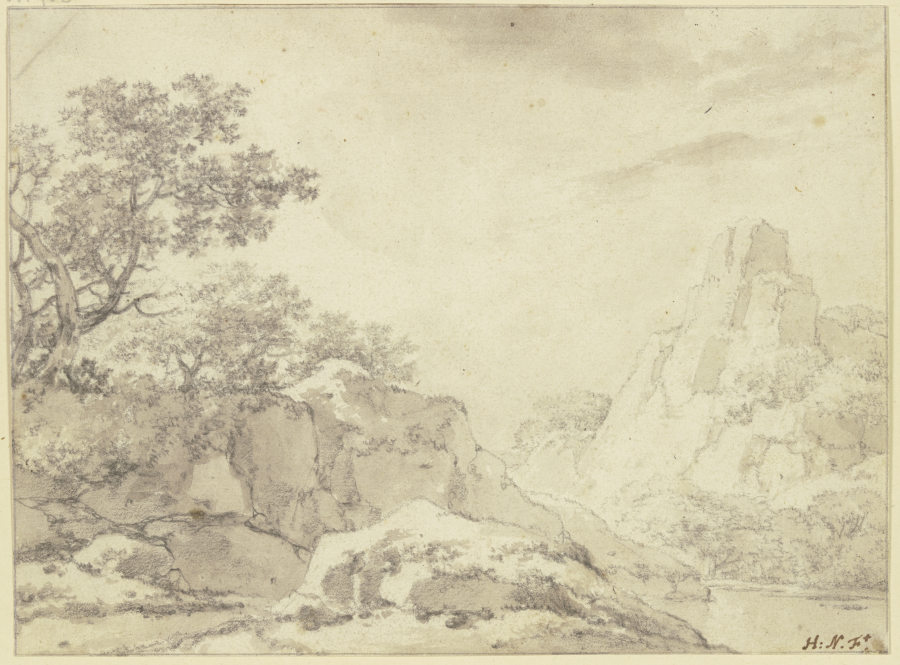 Links eine Felspartie mit Bäumen an einem Gewässer, rechts hohe Felsen from Herman Naiwinx