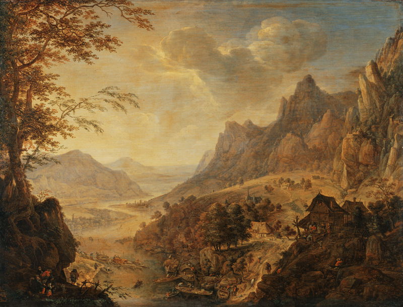 Gebirgige Landschaft an einem Fluss, im Vordergrund ein Dorf und mehrere am Ufer liegende Kähne from Herman Saftleven III