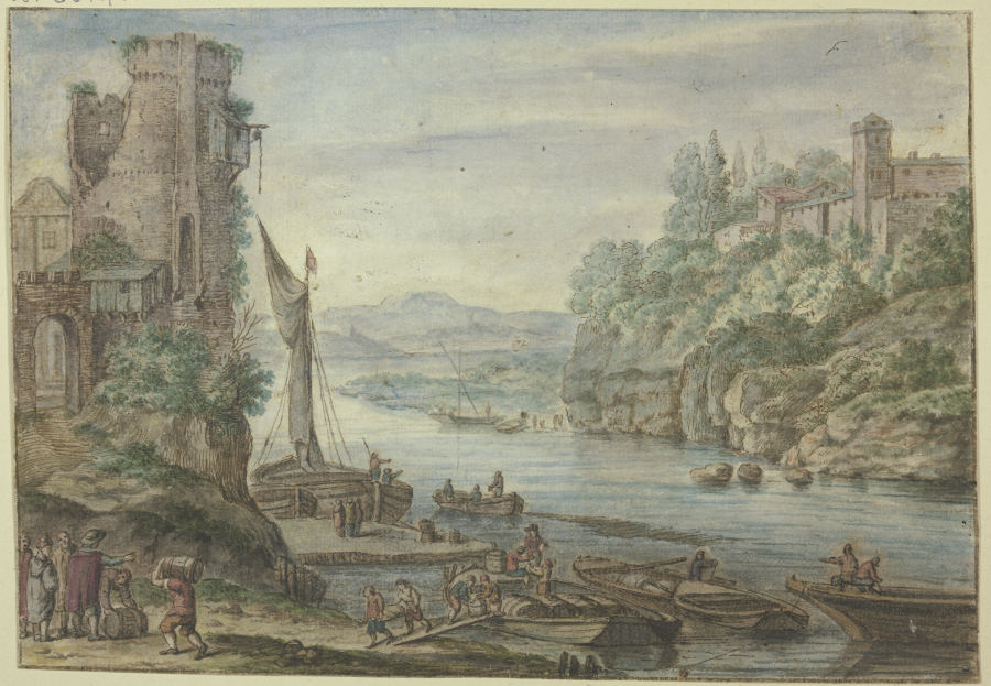 Flußgegend, alter Turm, Schiffe werden entgeladen from Herman Saftleven III