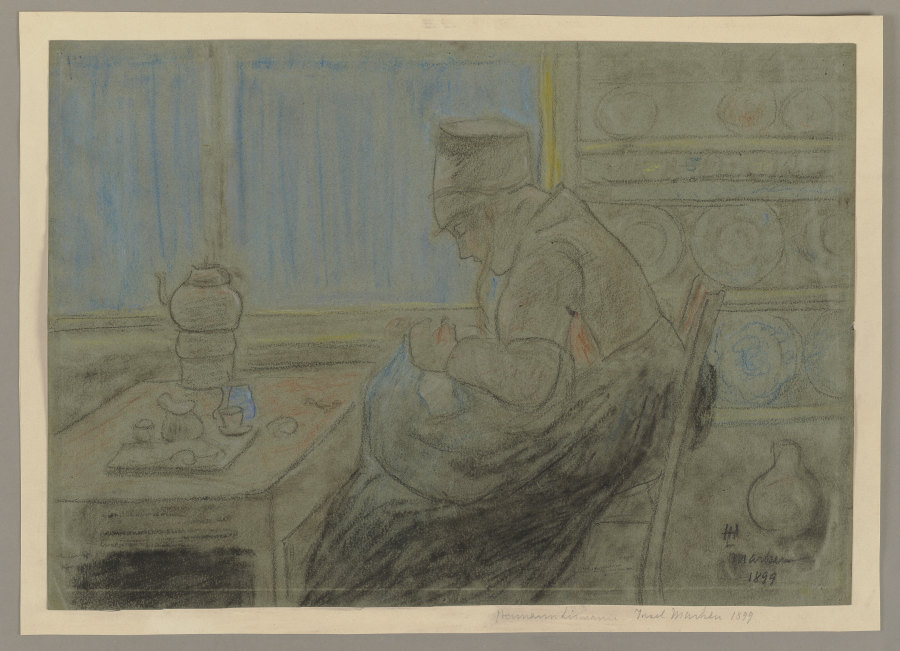 Frau im Profil nach links bei der Handarbeit, in der Küche sitzend from Hermann Lismann