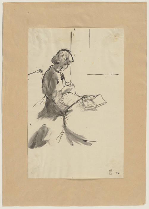 Strickende Frau, auf dem Tisch ein Buch liegend from Hermann Lismann