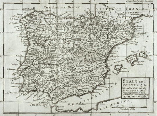 Map of Spain and Portugal, 1731 (engraving) from Hermann Moll
