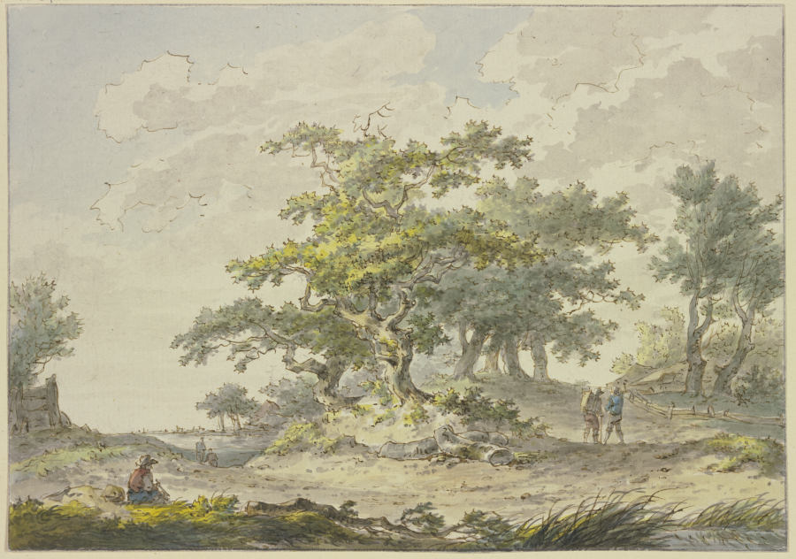 Gruppen von Eichbäumen, rechts zwei Wanderer, links eine sitzende Figur from Hermanus van Brussel