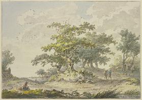 Gruppen von Eichbäumen, rechts zwei Wanderer, links eine sitzende Figur