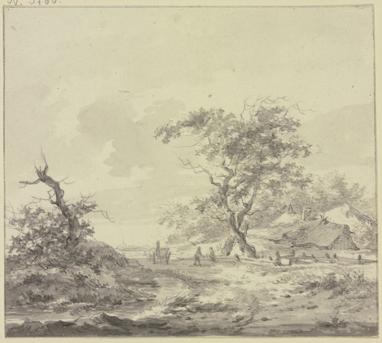 Hütten bei zwei großen Bäumen, auf dem Weg ein Wagen und zwei Männer am Zaun from Hermanus van Brussel