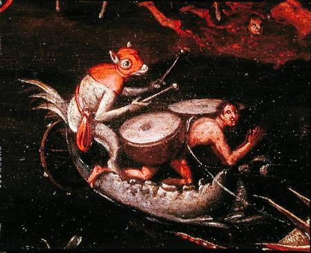 The Inferno, detail of fantastical animals playing the drums on a boat from Herri met de Bles