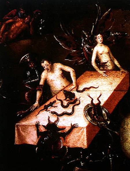 The Inferno, detail of two people around a table with demons from Herri met de Bles