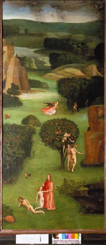 Weltgerichts-Triptychon Detail des li. Flügels: Erschaffung Evas, Sündenfall, Vertreibung from Hieronymus Bosch
