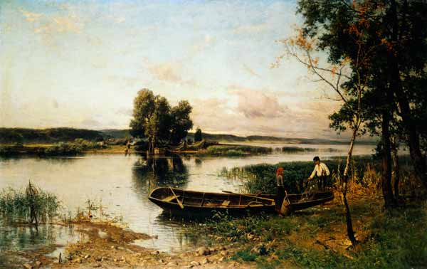 Fishermen unloading their catch in a river landscape from Hjalmar Munsterhjelm