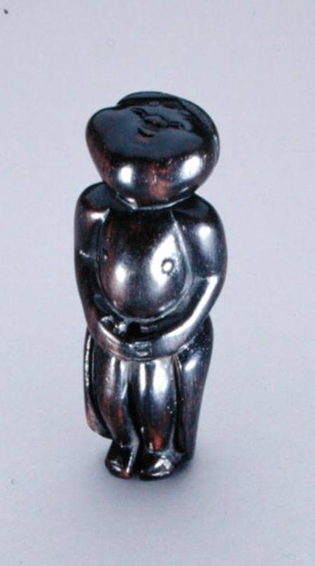 Netsuke of a standing bashful Okame looking up at the moon c.1780-1910 from Hobaisai