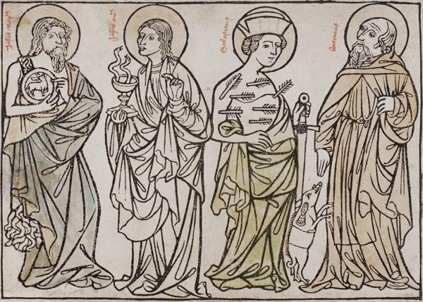 Die hll.Johannes d.T., Johannes Ev., Sebastian und Antonius from Holzschnitt (Mittelalter)