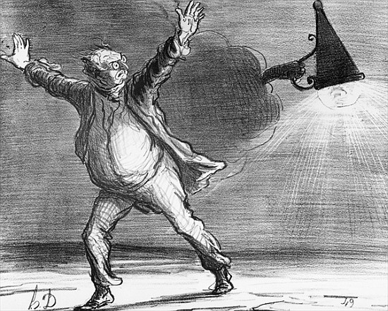 Series ''Actualites'', the comet, Monsieur Babinet decides to personally shut down the sun in order  from Honoré Daumier