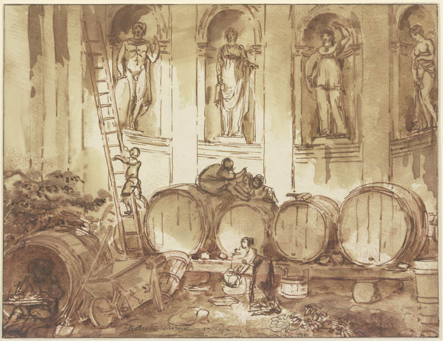Weinlager in einer Nischenhalle mit vier Statuen antiker Gottheiten from Hubert Robert