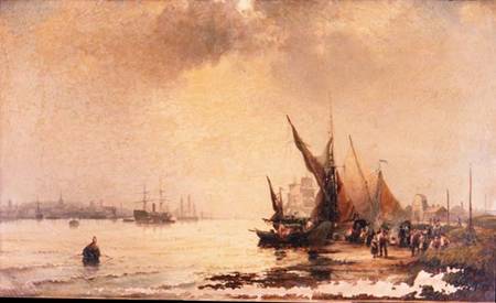 Fisherfolk on the Shore in a Calm Estuary Scene at Daybreak from Hubert Thornley