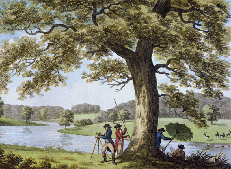 Humphrey Repton surveying with a Theodolite (colour litho) from Humphry Repton