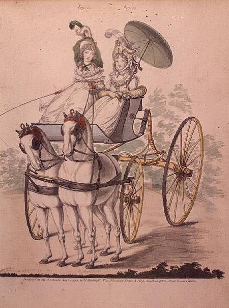 Two young ladies in calico gowns, taking an airing in a phaeton, from 'Gallery of Fashion' from Humphry Repton