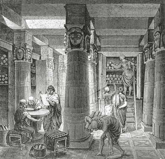 Imaginary recreation of the Ptolemy Library in Alexandria, Egypt, from 'Histoire Generale des Peuple from Hungarian School