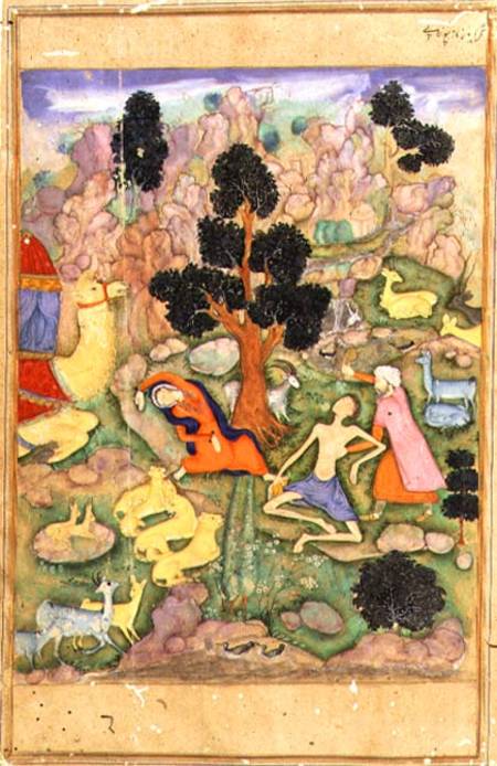f.28a Layla and Majnun faint at their meeting, illustration to a poem of the Khamsa called 'Majnun L from Husain  Naquash