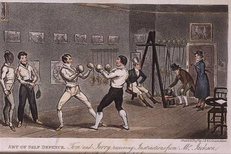 Art of Self Defence: Tom and Jerry receiving instructions from Mr Jackson, from 'Life in London' by from I. Robert & George Cruikshank