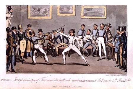 Fencing: Jerry's admiration of Tom in an `Assault' with Mr O'Shaunessy, at the rooms in St. James's from I. Robert & George Cruikshank