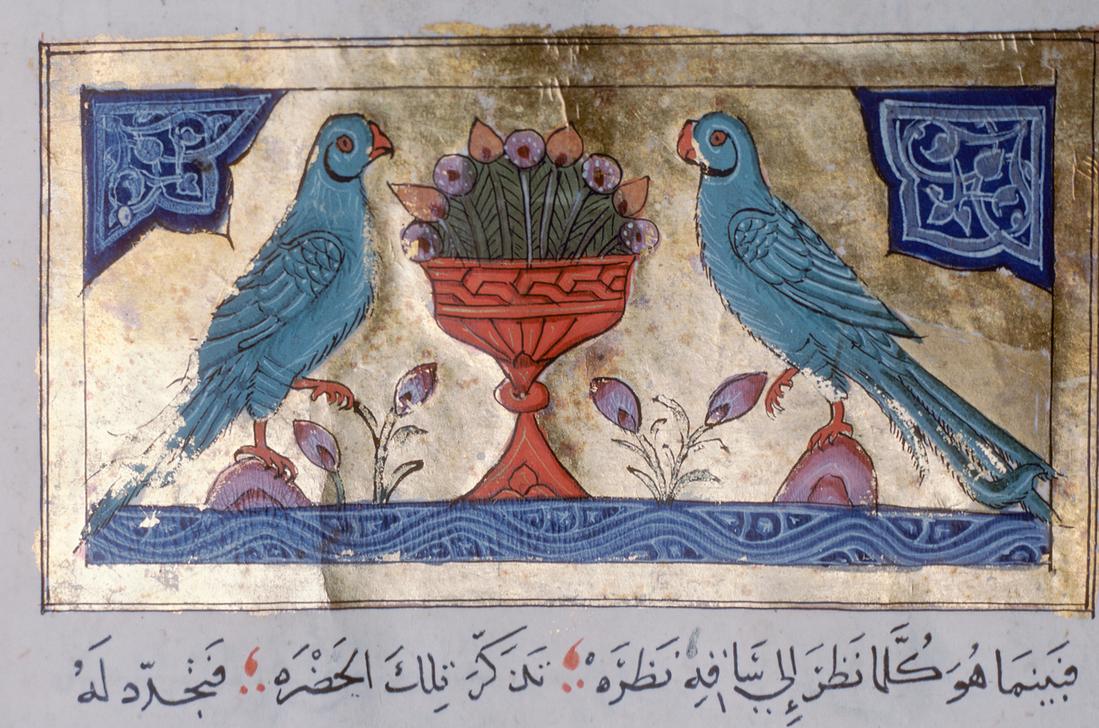 Zwei Papageien mit einem Blumenkübel. from Ibn Ghanim al Maqdisi