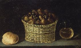 Wicker Basket with Figs, Bread and Pitcher with Honey