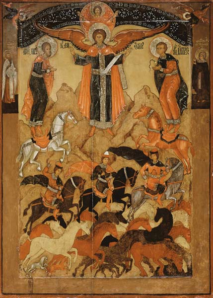 Die hll. Florus u.Laurus mit dem Erzengel Michael, unten Pferde mit den Stallknechten Speusippos,Ele from Ikone (russisch)