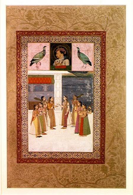 Ms E-14 Portrait of Djahangir (1569-1627) two birds and noble women in conversation from Indian School