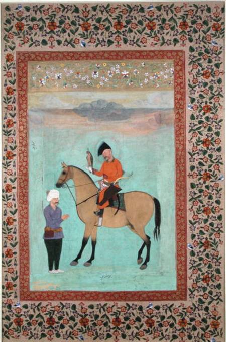 Ms E-14 Shah Abbas (1571-1629) on a horse holding a falcon from Indian School