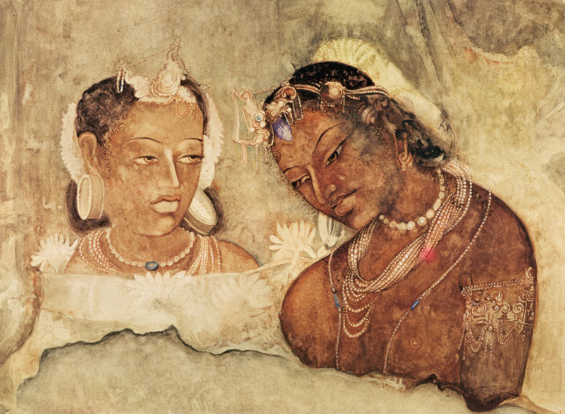A Princess and her Servant, copy of a fresco from the Ajanta Caves, India from Indian School