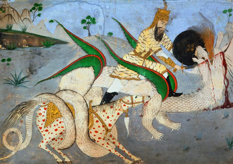 A mounted warrior attacking a dragon, illustration from a book on Indian mystics from Indian School