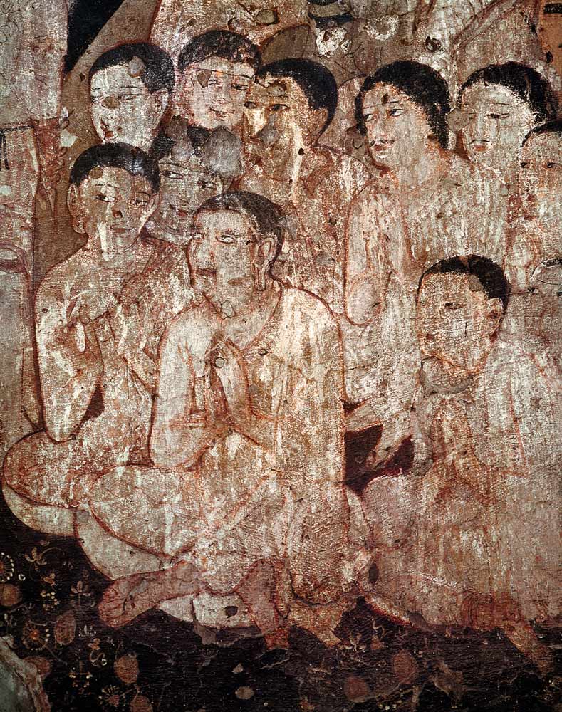 Group of disciples mourning the death of Buddha from the interior of Cave 17 from Indian School