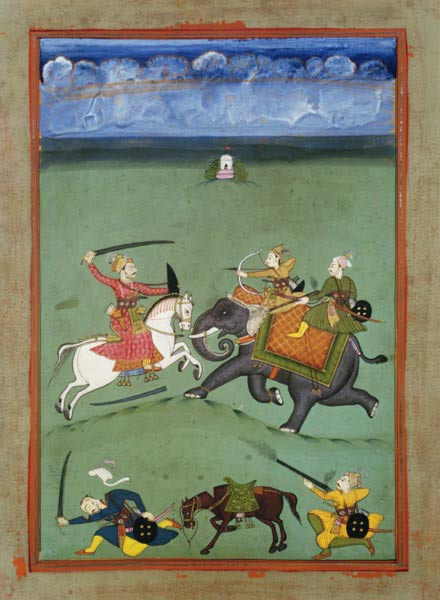 A Prince Fighting his Enemies on an Elephant from Indian School