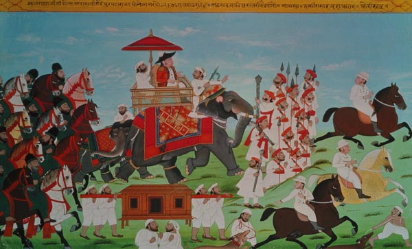 Colonel James Todd travelling by elephant through Rajasthan with his Cavalry and Sepoys from Indian School