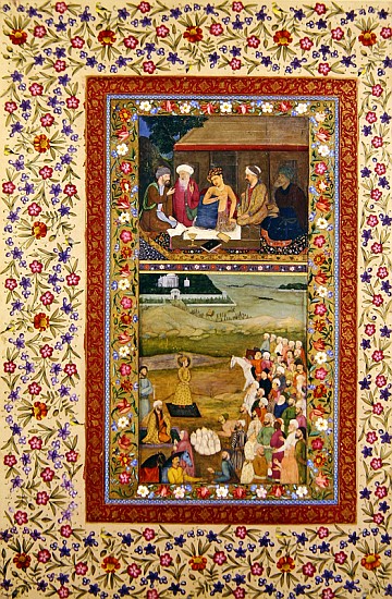 Ms E-14 Young man with his teachers and Payment of tribute to a ruler, miniatures from a Muraqqa alb from Indian School