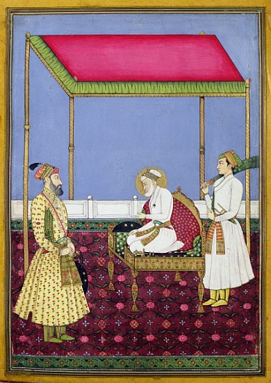 The Emperor Aurangzeb in old age seated on a throne, miniature from a Muraqqa album, early eighteent from Indian School