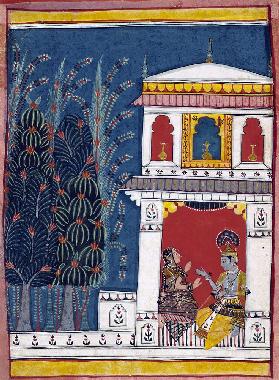 Krishna and a lady in a pavilion