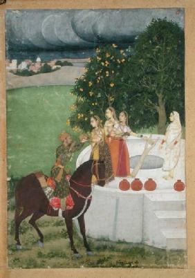 A mounted Prince receiving water from ladies at a well, miniature from Murshidabad