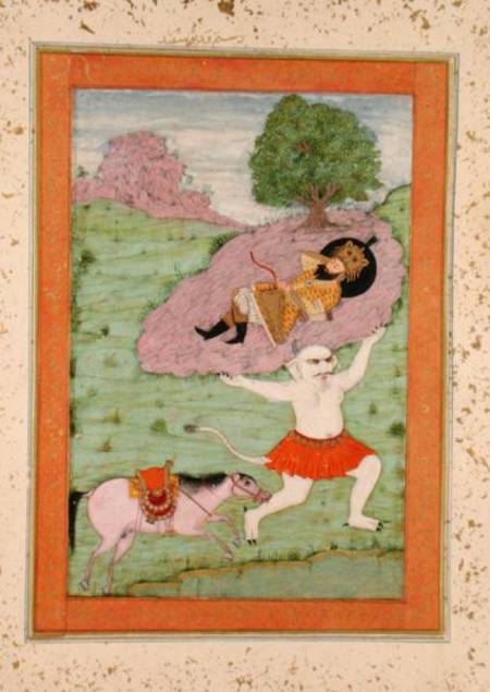 The White Demon carrying off the sleeping Rustam, illustration from the 'Shahnama' (Book of Kings), from Indian School