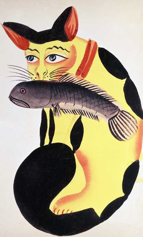 A cat with a fish in its mouth, from the Rudyard Kipling collection, Calcutta, c.1890 (w/c on paper) from Indian School, (19th century)