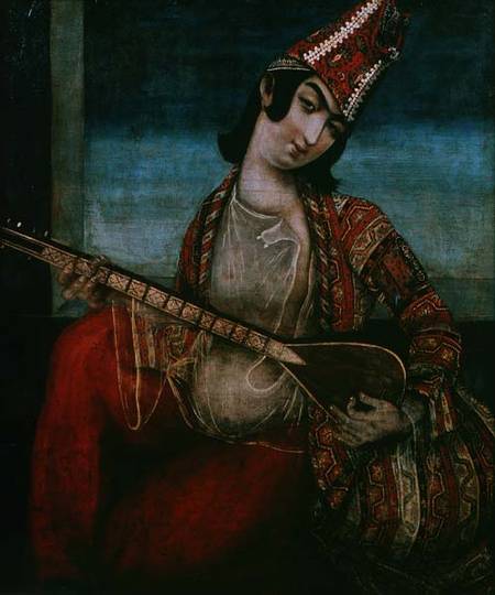 Young Woman Playing a Guitar from Iranian School