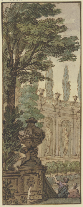 Panneau, im Vordergrund eine Vase, im Hintergrund ein Orangeriegebäude from Isaac de Moucheron