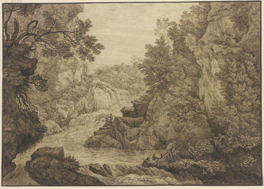 Wasserfall, im Vordergrund drei Angler from Isaac de Moucheron