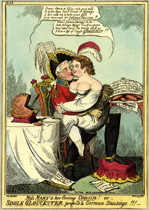 Miss Mary and her Loving Cousin or Single Gloucester Prefer'd to German Sausage! from Isaac Robert Cruikshank