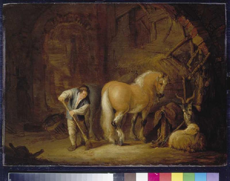 Stallansicht mit Knecht, Pferd, Schaf und Ziegenbock from Isack van Ostade
