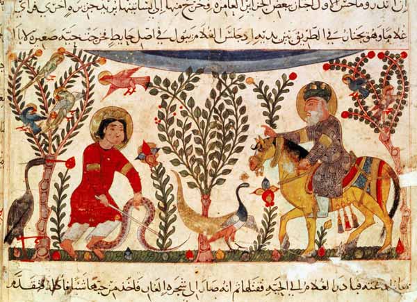 A Doctor giving assistance to a man bitten by a snake, manuscript from a treatise of Dioscoride from Islamic School