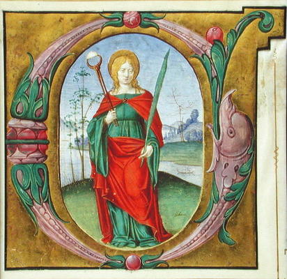 Historiated initial 'G' depicting St. Agatha (vellum) from Scuola pittorica italiana