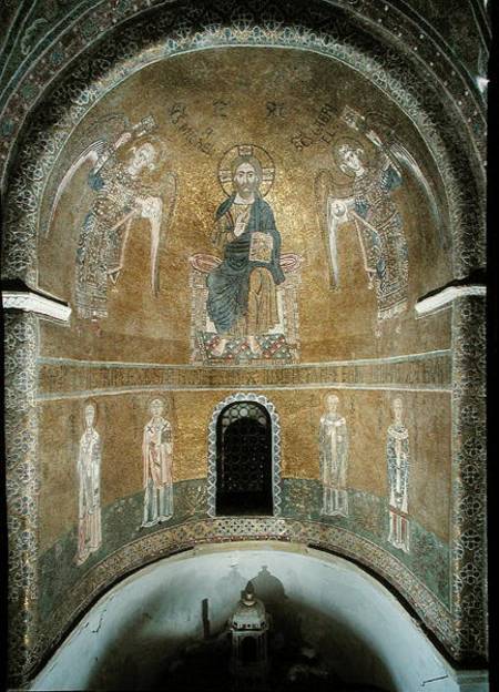 Christ in Majesty inbetween the Archangels Michael and Gabriel above Four Doctors of the Church from Scuola pittorica italiana