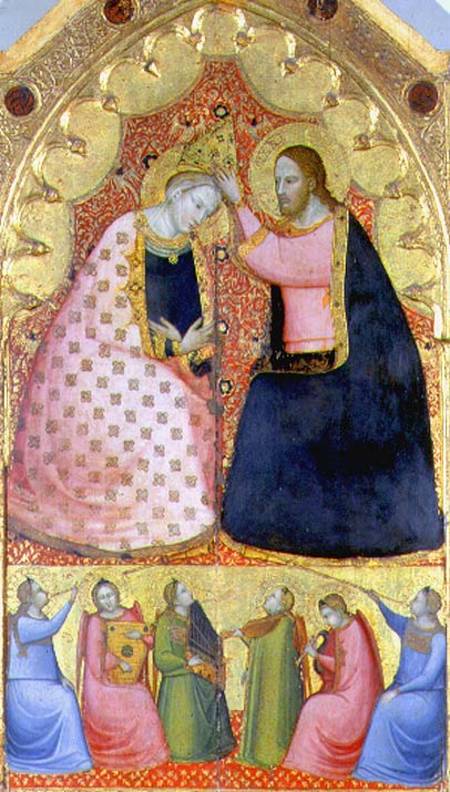 Coronation of the Virgin, altarpiece with a predella panel depicting angels playing musical instrume from Scuola pittorica italiana